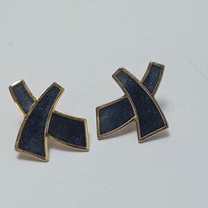 Vintage Signed Monet X Shaped Blue/Gold Earrings